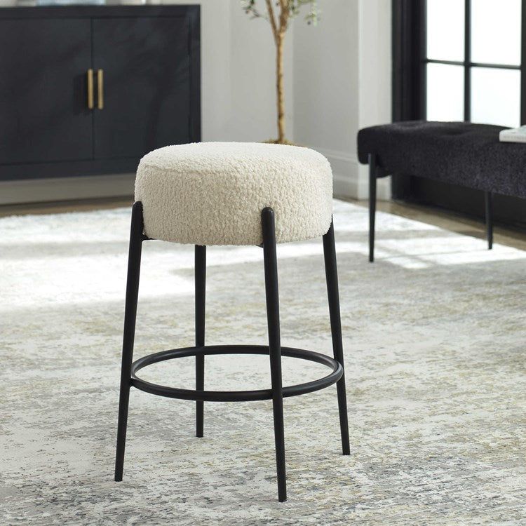Uttermost Arles White Faux Shearling Seat Counter Stool With Black Metal Base - Image 2