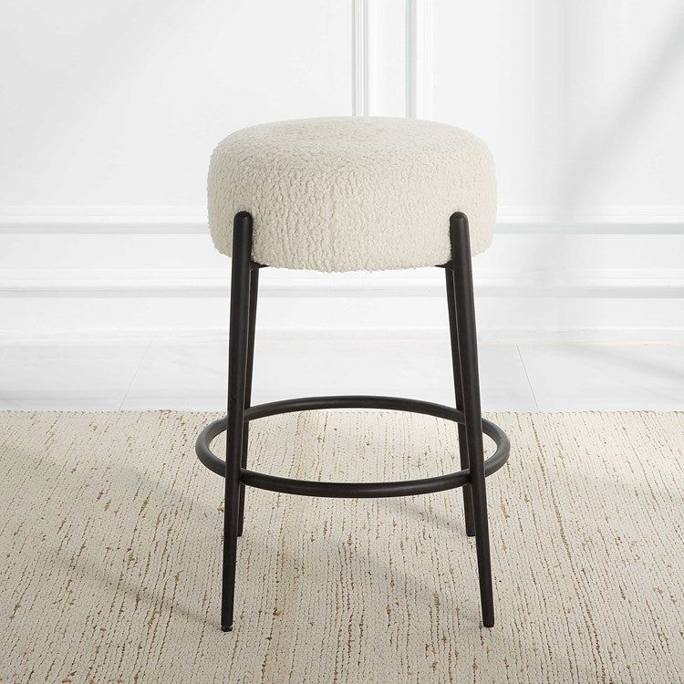 Uttermost Arles White Faux Shearling Seat Counter Stool With Black Metal Base - Image 3