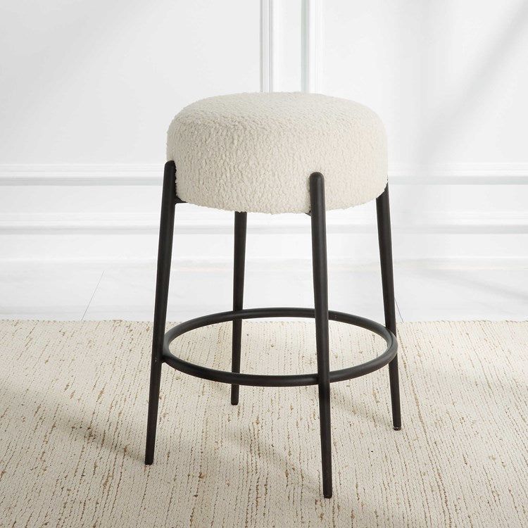 Uttermost Arles White Faux Shearling Seat Counter Stool With Black Metal Base - Image 4
