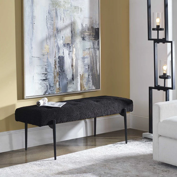 Uttermost Olivier Black Faux Shearling Seat Modern Steel Bench - Image 2