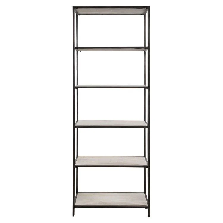 Uttermost Baldwin White Washed Mango Wood Shelves With Gunmetal Iron Frame Etagere Bookcase - Image 2