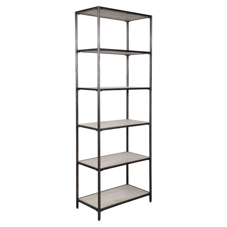Uttermost Baldwin White Washed Mango Wood Shelves With Gunmetal Iron Frame Etagere Bookcase - Image 3