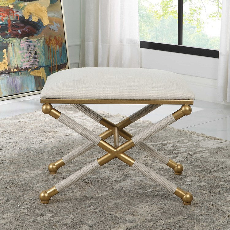 Uttermost Socialite Upholstered Seat Gold Leaf & White Iron Bench