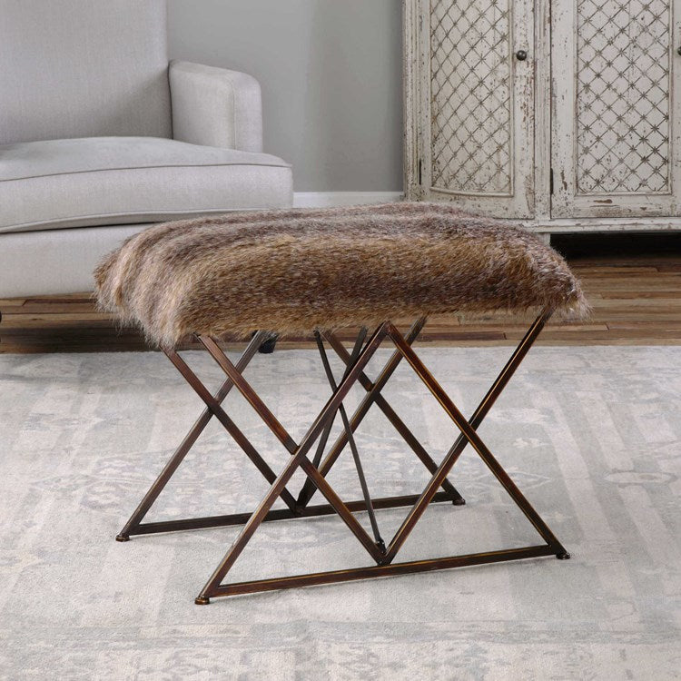 Uttermost Brannen Faux Chocolate Brown Fur Black Iron Small Bench