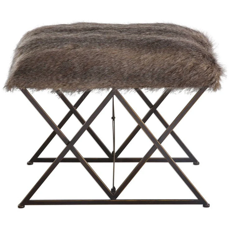 Uttermost Brannen Faux Chocolate Brown Fur Black Iron Small Bench - Image 2