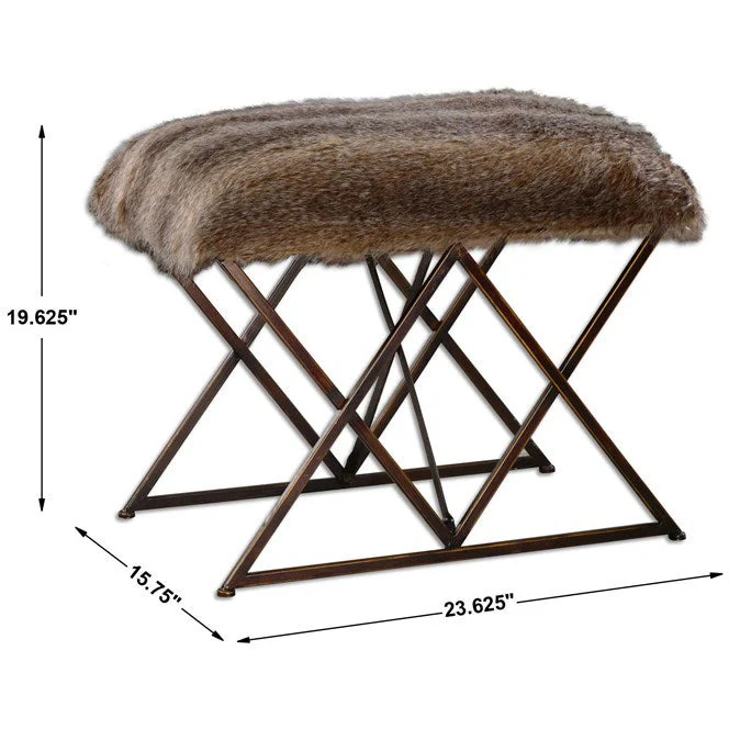 Uttermost Brannen Faux Chocolate Brown Fur Black Iron Small Bench - Image 3