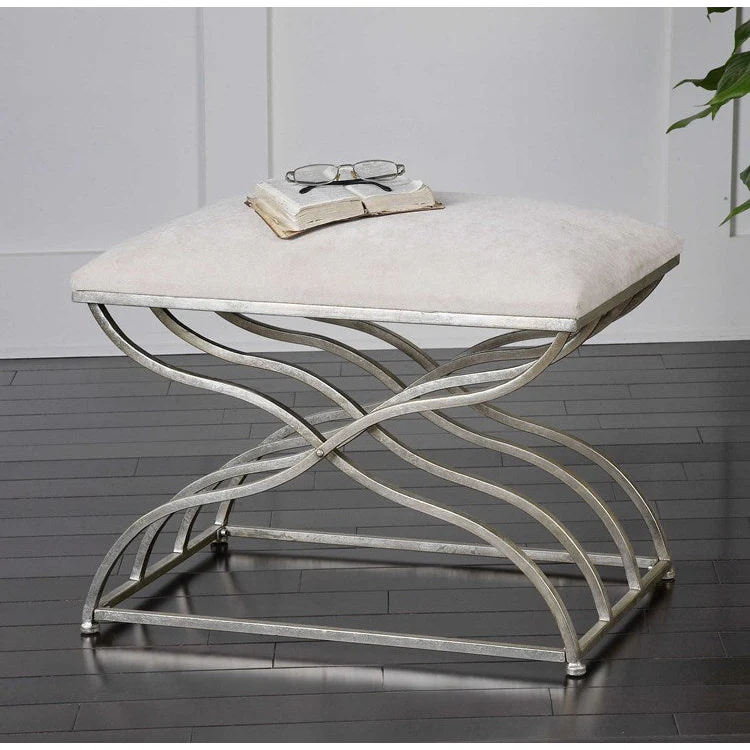 Uttermost Shea Ivory Fabric Cushion Seat Modern Satin Nickel Iron Small Bench - Image 2