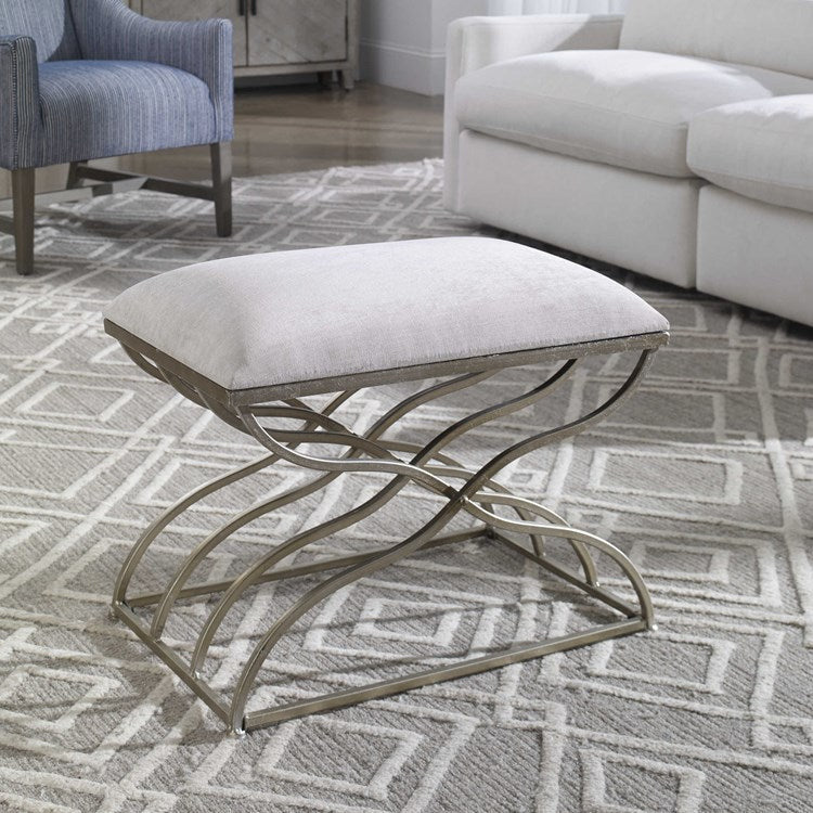 Uttermost Shea Ivory Fabric Cushion Seat Modern Satin Nickel Iron Small Bench - Image 3