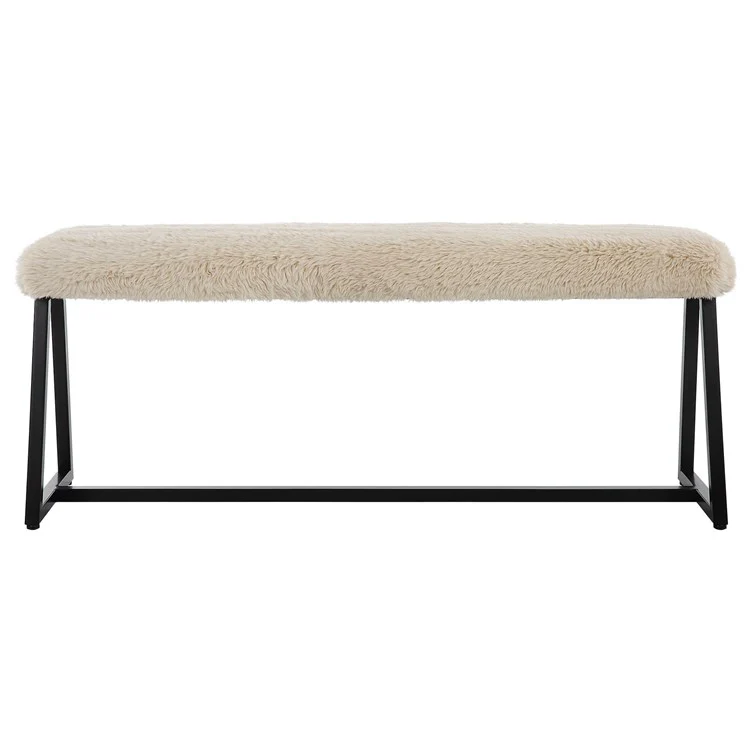 Uttermost Taupo Cream Long Haired Faux Sheepskin with Matte Black Iron Base Bench - Image 2