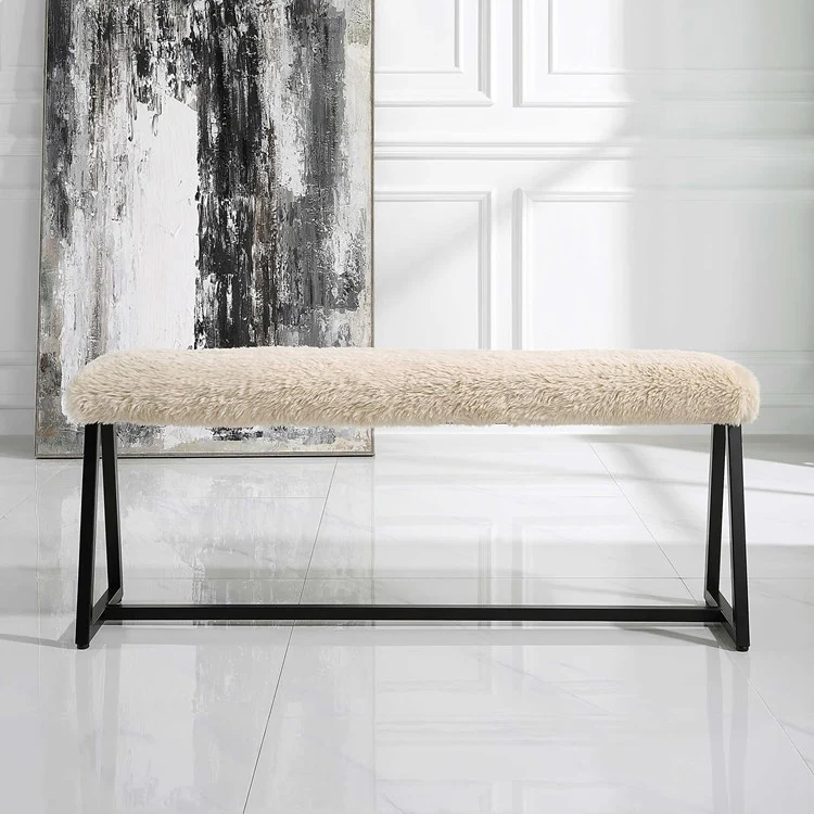 Uttermost Taupo Cream Long Haired Faux Sheepskin with Matte Black Iron Base Bench - Image 3