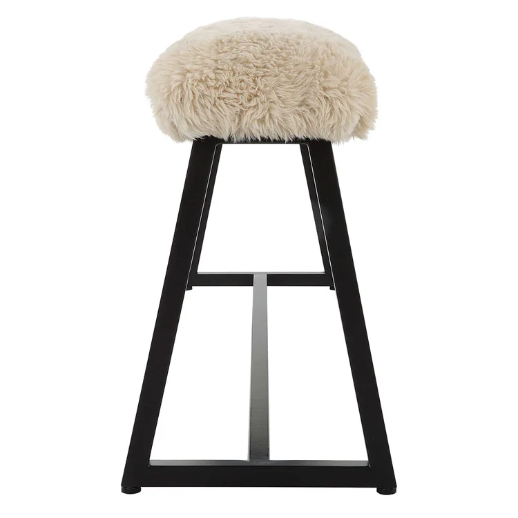 Uttermost Taupo Cream Long Haired Faux Sheepskin with Matte Black Iron Base Bench - Image 4