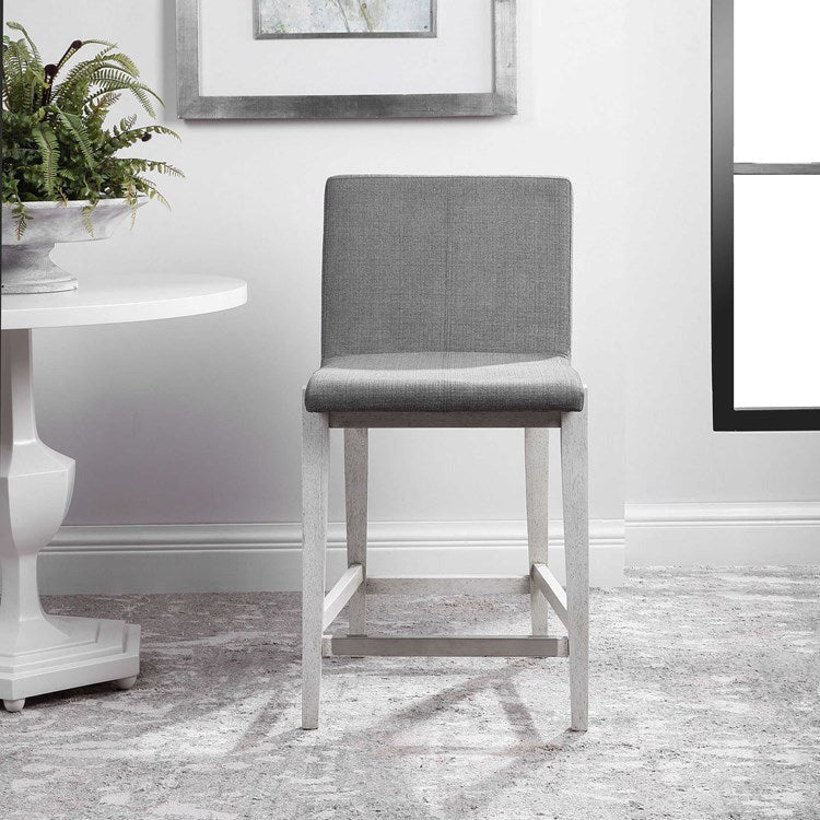 Uttermost Brazos Charcoal Linen Performance Fabric Counter Stool Aged White Wood Frame - Image 3