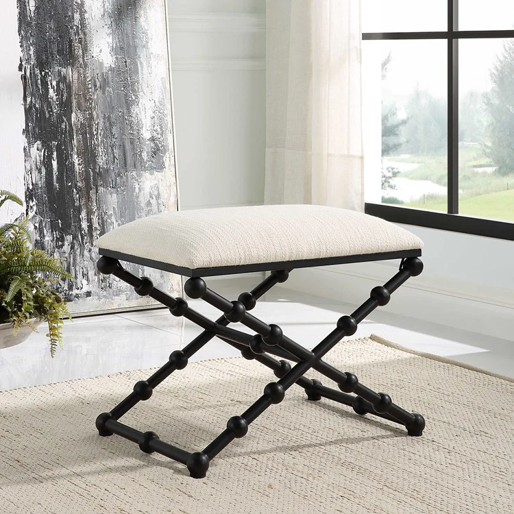 Uttermost Iron Drops Textured White Performance Fabric Seat Modern Black Iron Small Bench - Image 2