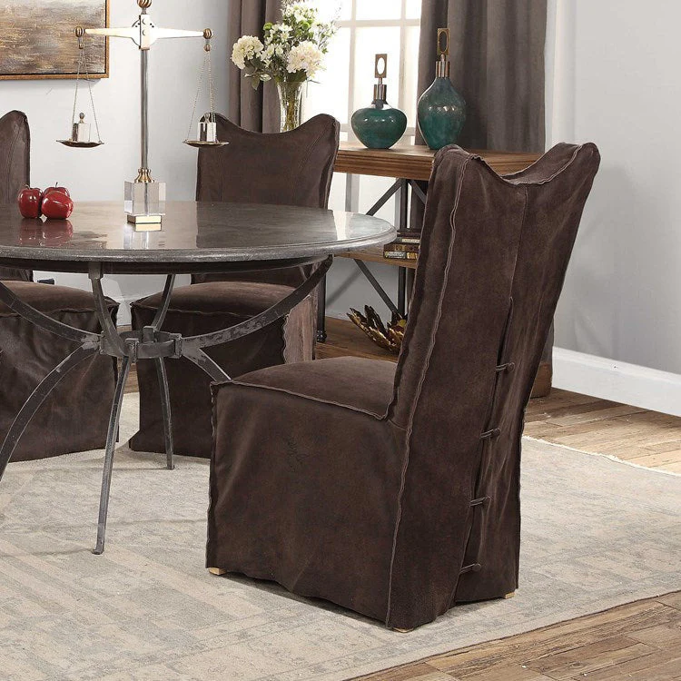 Uttermost Delroy Chocolate Nubuck Leather Slipcover Dining Chairs Set of 2 - Image 3