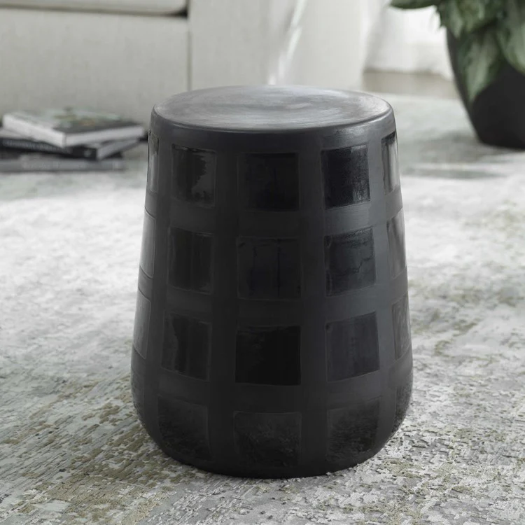 Uttermost Patchwork Matte Black Glaze Modern Garden Stool