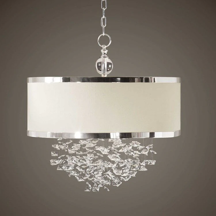 Uttermost Fascination Antique Linen Drum Shade with Free Falling Crystals 3 Light Chandelier