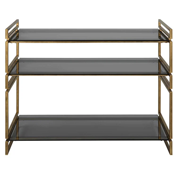 Uttermost Stacked Up Smoked Gray Glass Shelves with Antiqued Gold Iron Contemporary Console Table - Image 2