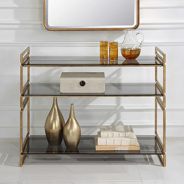 Uttermost Stacked Up Smoked Gray Glass Shelves with Antiqued Gold Iron Contemporary Console Table - Image 3