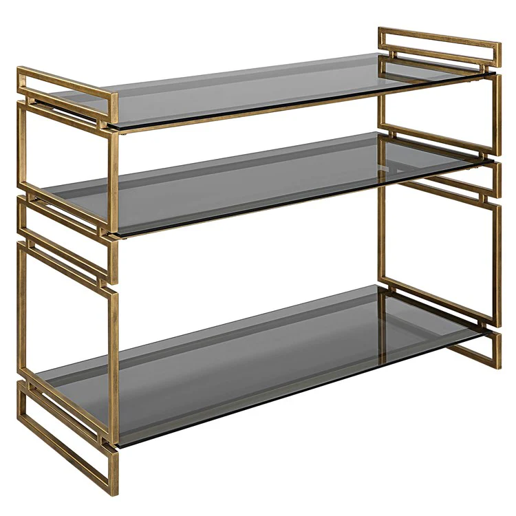 Uttermost Stacked Up Smoked Gray Glass Shelves with Antiqued Gold Iron Contemporary Console Table - Image 4