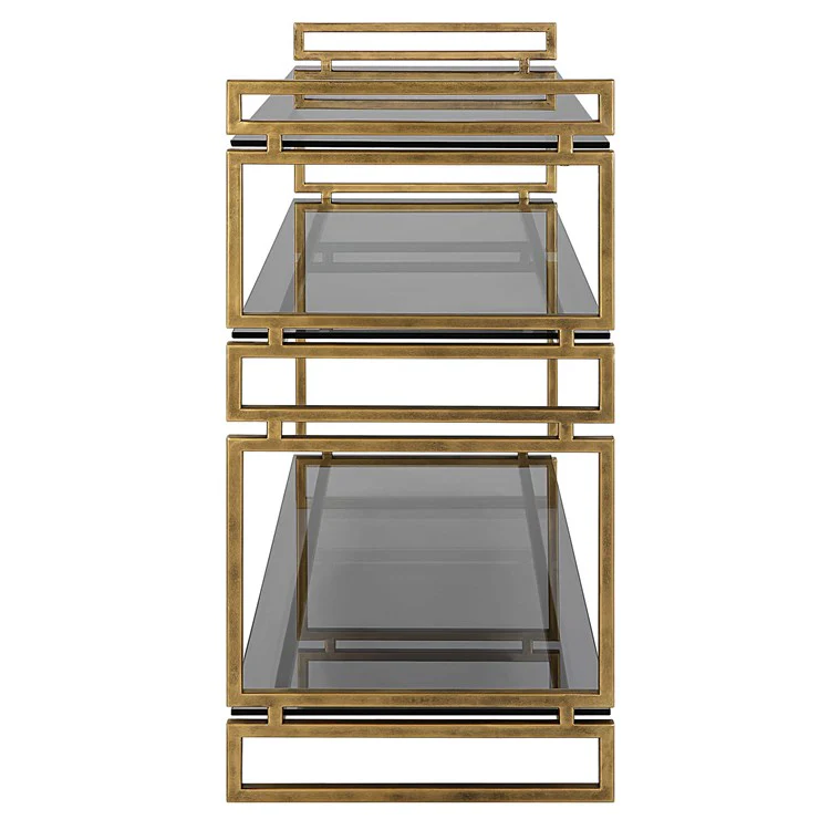 Uttermost Stacked Up Smoked Gray Glass Shelves with Antiqued Gold Iron Contemporary Console Table - Image 5