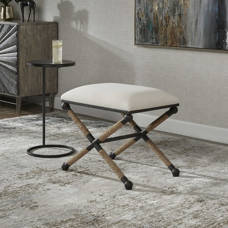 Uttermost Firth Oatmeal Fabric Cushion Seat Rustic Iron Small Bench - Image 3