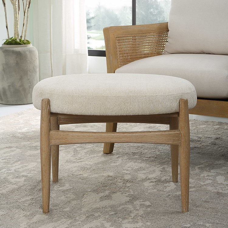 Uttermost Acrobat Textured White Fabric Cushion Seat Natural Oak Small Bench - Image 3