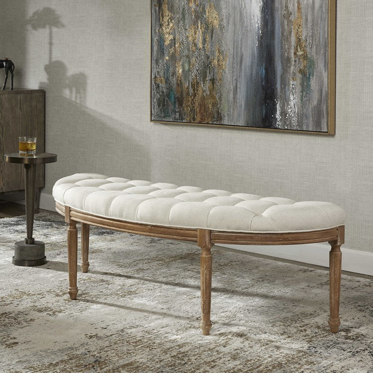 Uttermost Leggett Off White Linen Fabric Cushion Curved Wood Bench