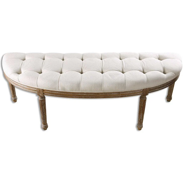 Uttermost Leggett Off White Linen Fabric Cushion Curved Wood Bench - Image 3