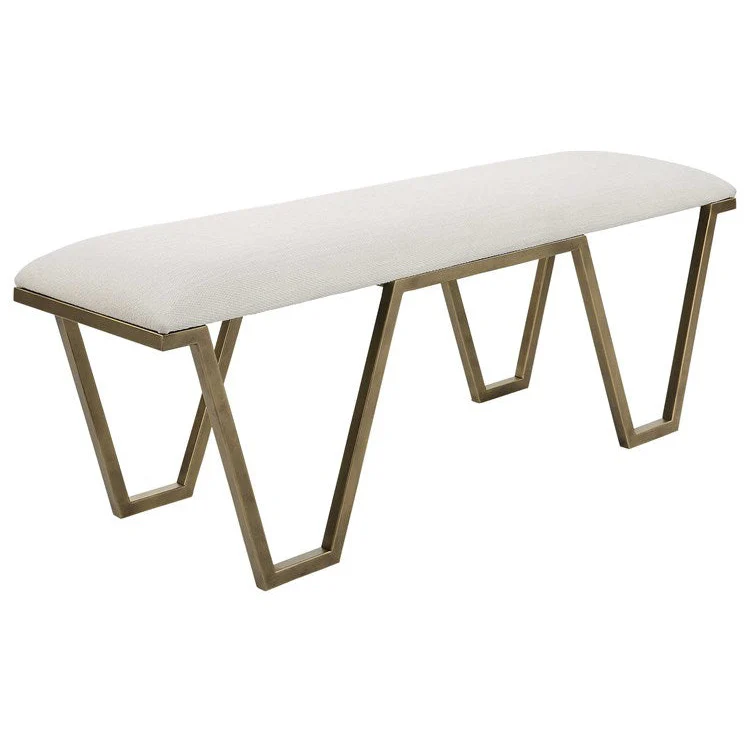 Uttermost Farrah Textured White Fabric Seat Cushion Modern Antiqued Gold Iron Bench - Image 6