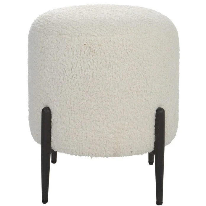 Uttermost Arles White Faux Shearling Round Ottoman with Satin Black Metal Legs