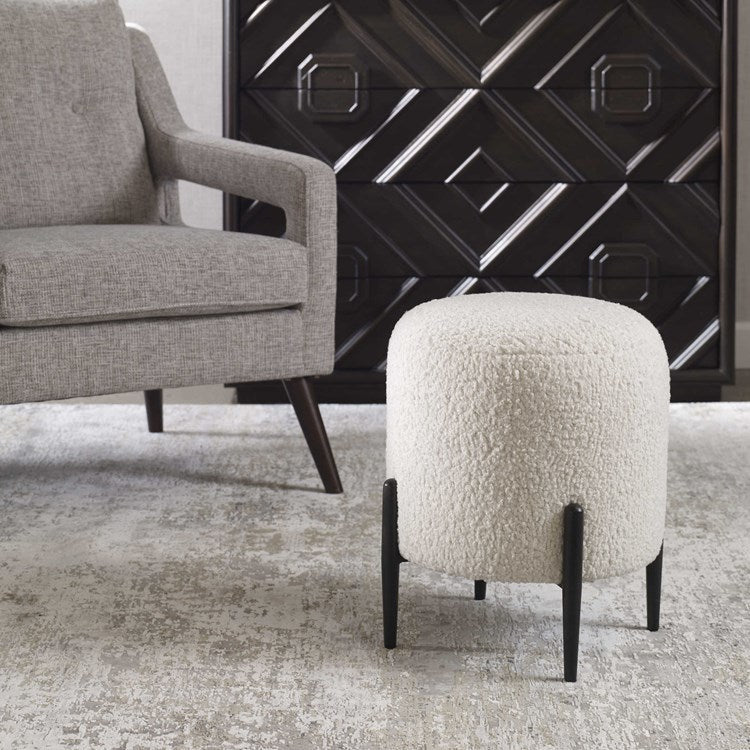 Uttermost Arles White Faux Shearling Round Ottoman with Satin Black Metal Legs - Image 2
