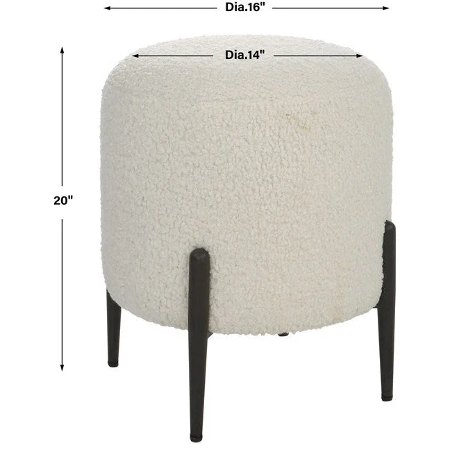 Uttermost Arles White Faux Shearling Round Ottoman with Satin Black Metal Legs - Image 6