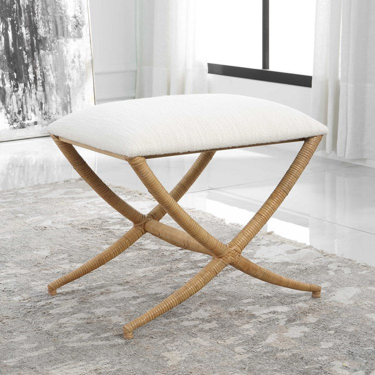 Uttermost Expedition Textured White Fabric Seat Rattan Wrapped Iron Small Bench - Image 2