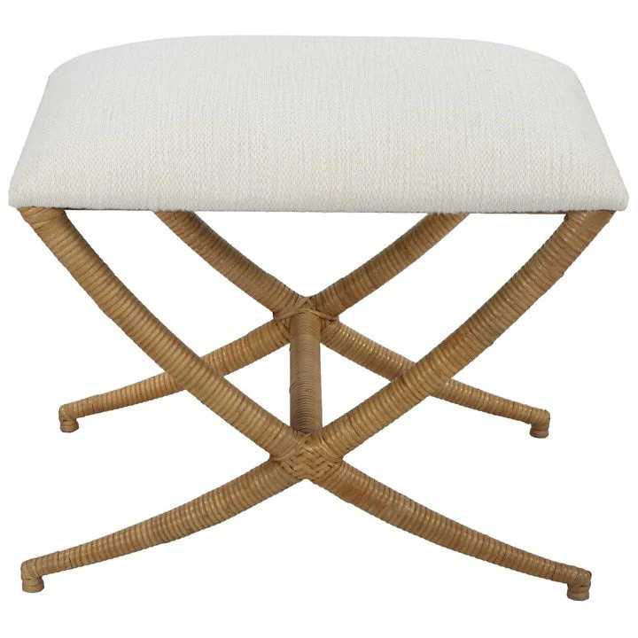 Uttermost Expedition Textured White Fabric Seat Rattan Wrapped Iron Small Bench - Image 3