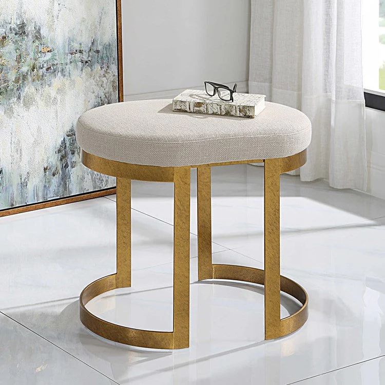 Uttermost Infinity White Linen Performance Fabric Seat Modern Antique Gold  Iron Small Bench - Image 2