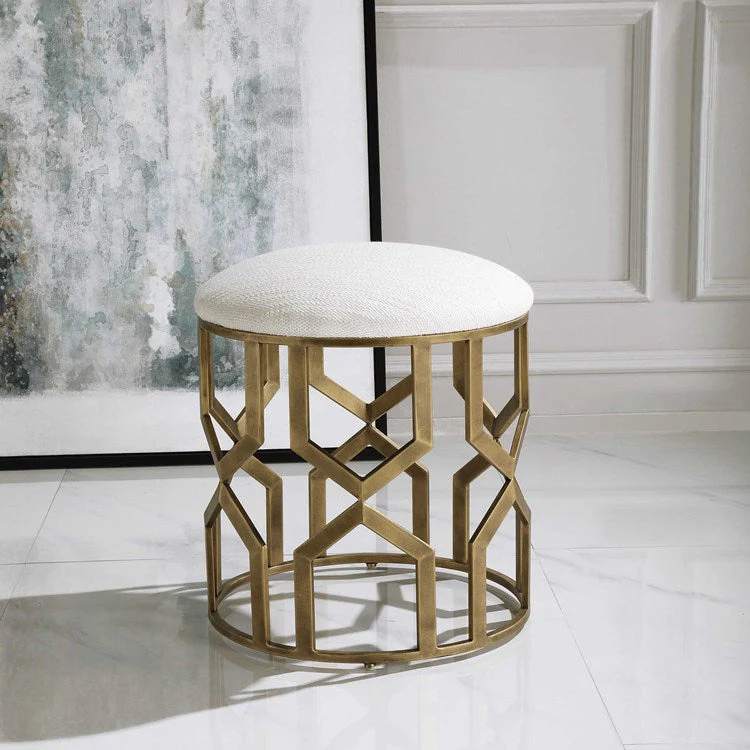 Uttermost Trellis Crisp White Fabric Cushion Seat Modern Brushed Brass Round Accent Stool