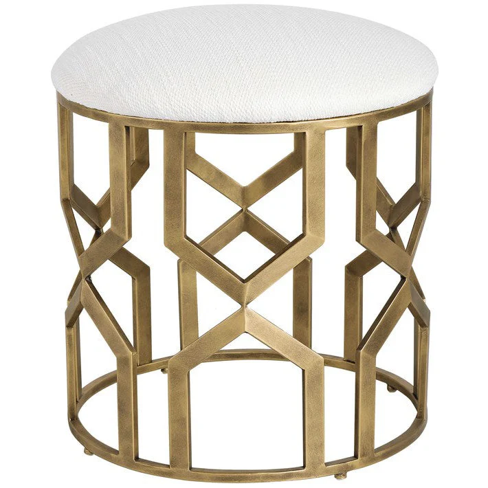 Uttermost Trellis Crisp White Fabric Cushion Seat Modern Brushed Brass Round Accent Stool - Image 2