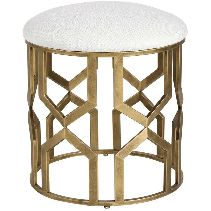 Uttermost Trellis Crisp White Fabric Cushion Seat Modern Brushed Brass Round Accent Stool - Image 3