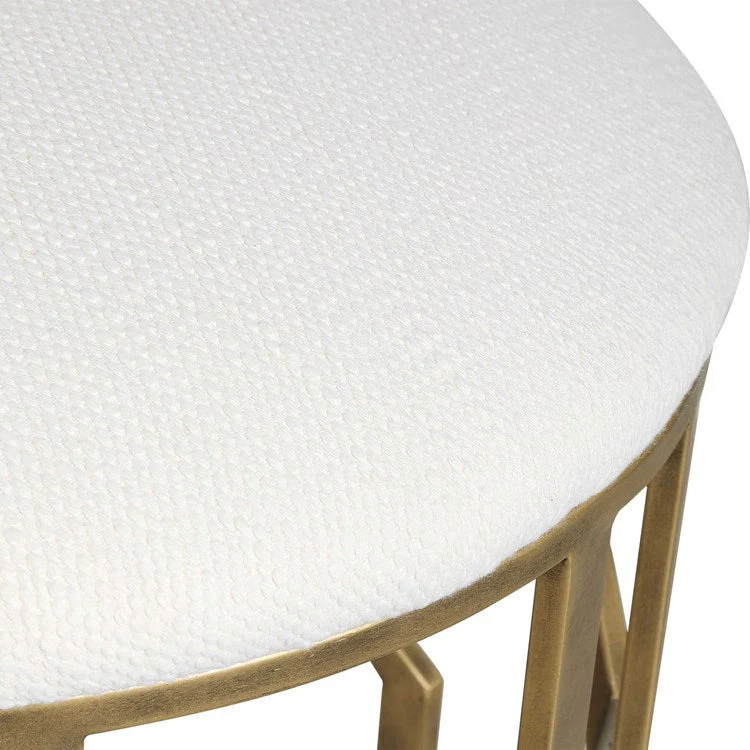 Uttermost Trellis Crisp White Fabric Cushion Seat Modern Brushed Brass Round Accent Stool - Image 4