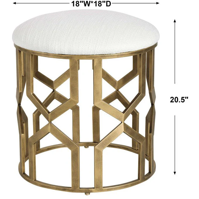 Uttermost Trellis Crisp White Fabric Cushion Seat Modern Brushed Brass Round Accent Stool - Image 5