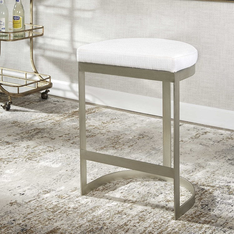 Uttermost Ivanna White Linen Performance Fabric Counter Stool With Brushed Silver Iron Base - Image 7