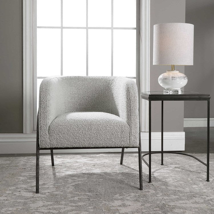 Uttermost Jacobsen Gray Boucle Fabric With Aged Black Iron Barrel Accent Chair - Image 2