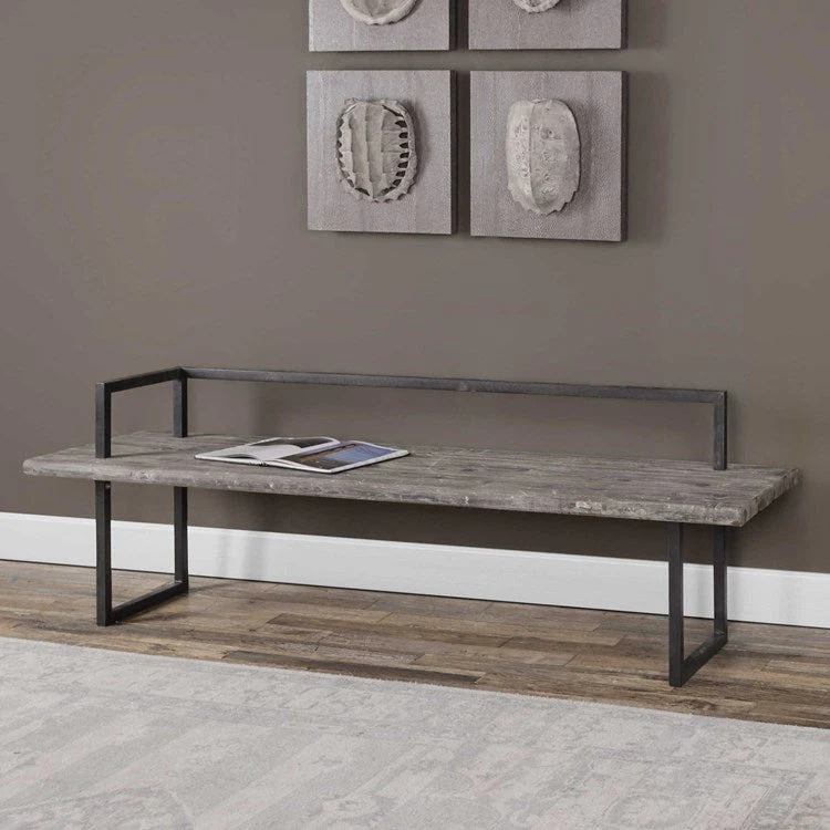 Uttermost Herbert Reclaimed Fir Wood Rustic Modern Aged Black Iron Bench