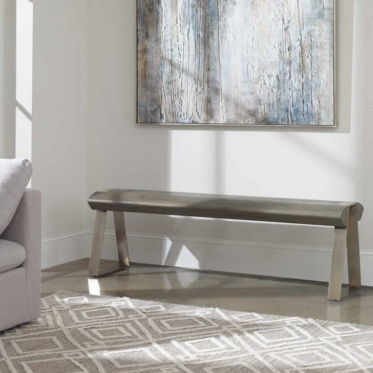 Uttermost Acai Gray Wash Wood Contemporary Pewter Metal Bench