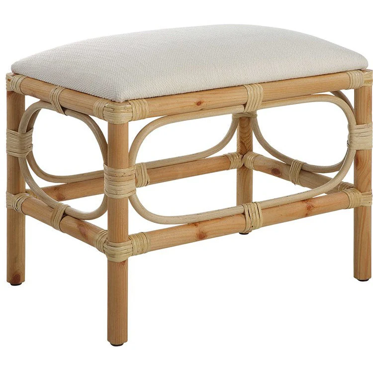 Uttermost Laguna Textured White Fabric Seat Cushion Rattan Wrapped Coastal Small Bench - Image 3