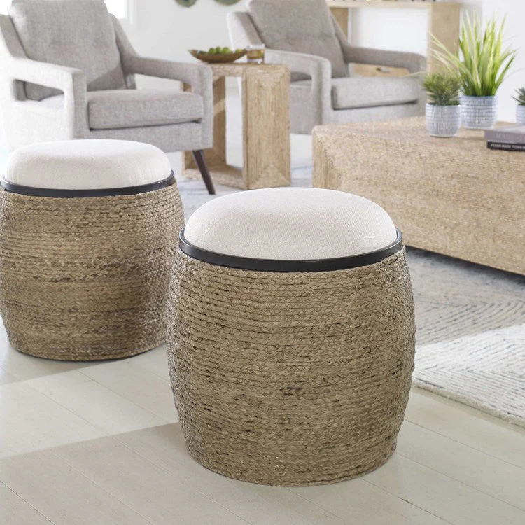Uttermost Island Light Beige Cushion Seat Coastal Braided Straw Round Accent Stool - Image 3