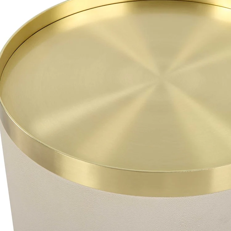 Uttermost Circuit White Faux Shagreen with Brushed Brass Accents Modern Round Accent Table - Image 3