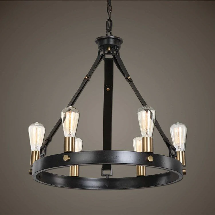 Uttermost Marlow Dark Antique and Weathered Bronze with Leather Straps 6 Light Round Chandelier - Image 4