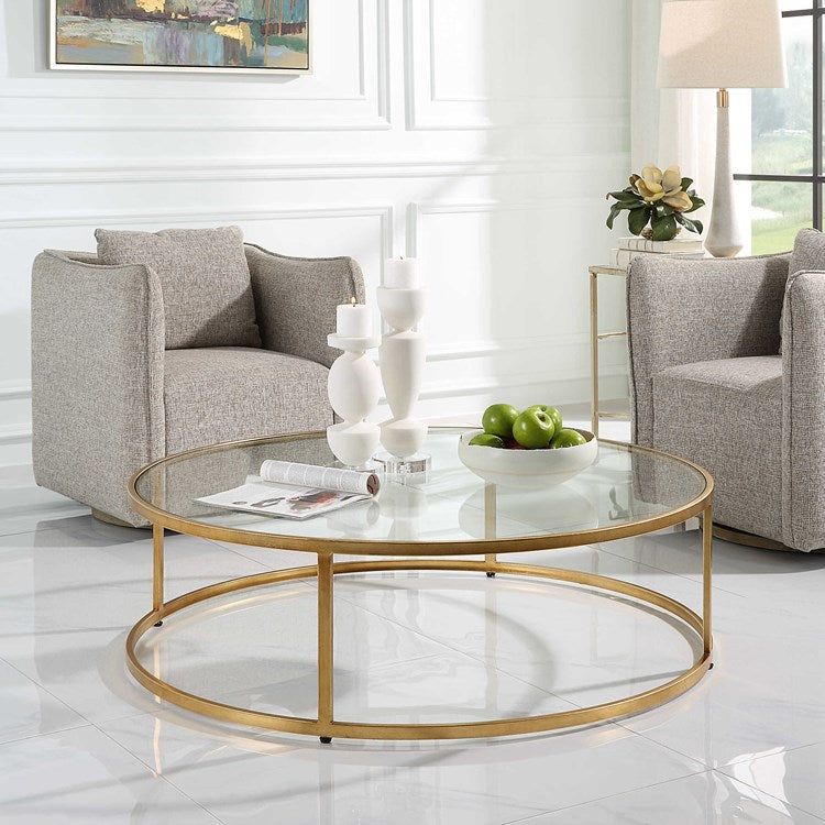 Uttermost Radius Glass Top with Antiqued Gold Iron Round Coffee Table