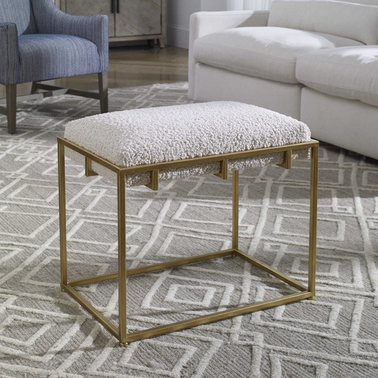 Uttermost Paradox White Faux Shearling Cushion Modern Gold Iron Small Bench - Image 2